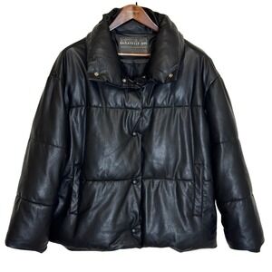 Bagatelle NYC Black Faux Leather Puffer Coat Snap Front Oversized Winter Jacket